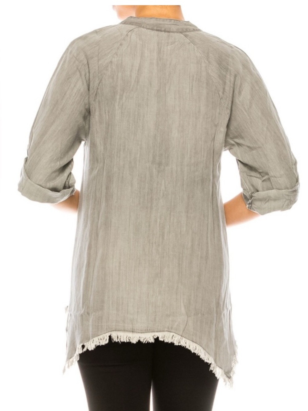 Thread & Supply Frayed-Hem Button Front Blouse in Gray - Picture 3 of 13
